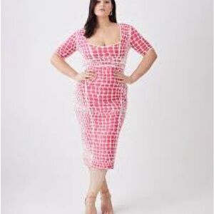 Karen Millen Abstract Pink Jacquard 1/2 Sleeve Knitted Midi Dress.NWT.US Size XL